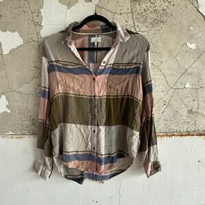 Lucky Brand Shirt Womens S Stirped Button Down Blouse Modal Viscose Muted Earthy